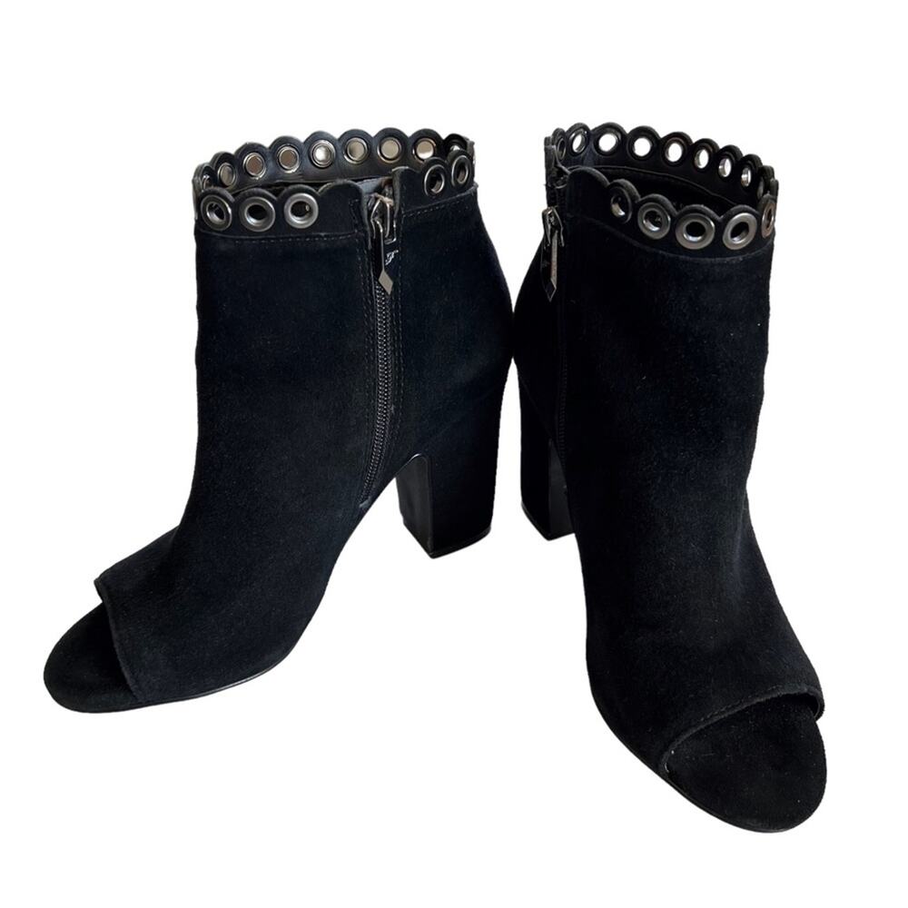 Fergie Women 6. 5 Bootie Jackie Ankle Moto Black Suede Peep toe Metal Accent Zip